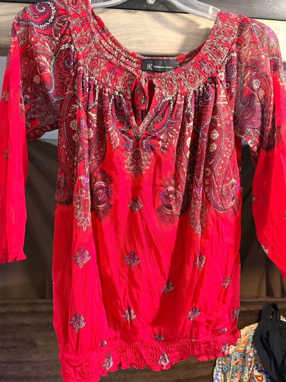 INC International Concepts Red Paisley Boho Peasant Blouse